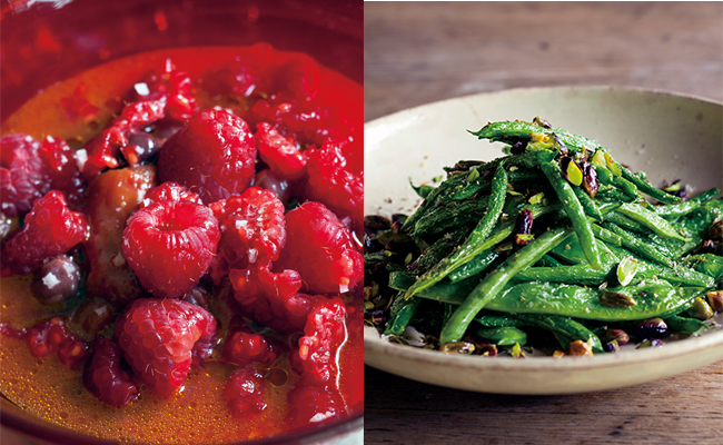トマトと赤いベリーのスープ（左）／いんげんとピスタチオの茴香風味（右）
