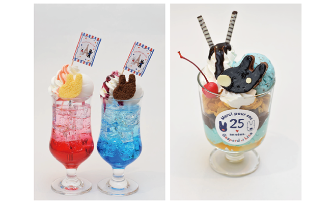 左：リサとガスパールのクリームソーダ／右：ガスパールのチョコミントパフェ